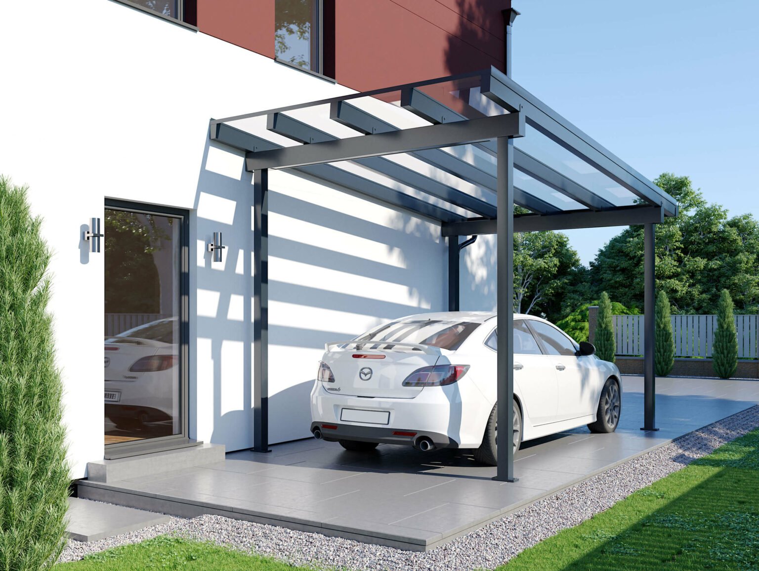 einzelcarport seitlich am haus mit alu glasdach