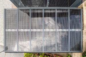 Solarcarport (Doppelcarport), Ansicht der Carport Überdachung mit PV Modulen von oben