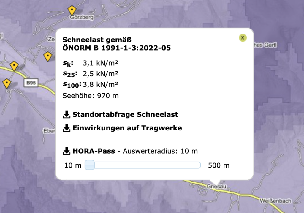 Schneelast gemäß ÖNORM B 1991-1-3:2022-05 (Screenshot HORA)